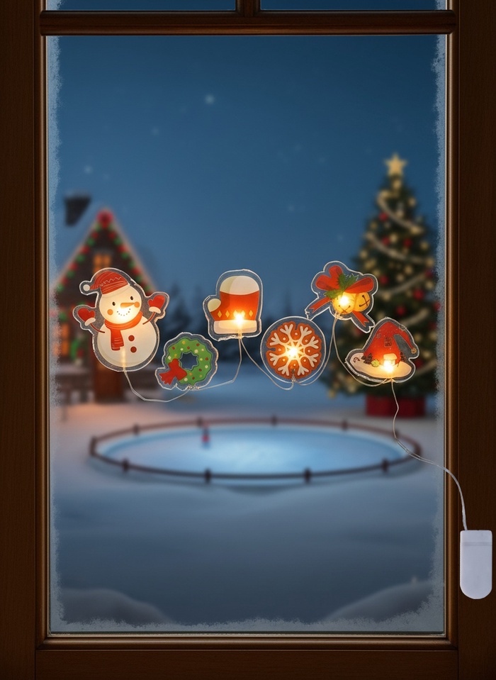 Светодиодная наклейка на окна «Новогодние забавы », 0.5 м, 6 LED, от батареек CR2032×2, свечение тёплое белое - Фото 1