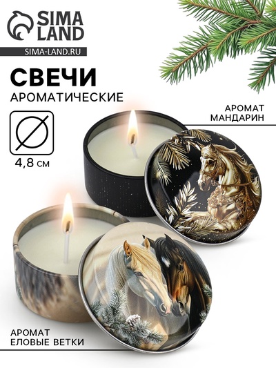 Свечи в железной банке «Лошади», аромат мандарин и еловые ветки, диам 4.8 см, 2 шт.