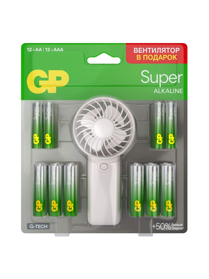 Батарейка алкалиновая GP Super, ААА+АА, LR03+LR6-24BL, 1.5 В, блистер 12+12 шт., вентилятор - Фото 1