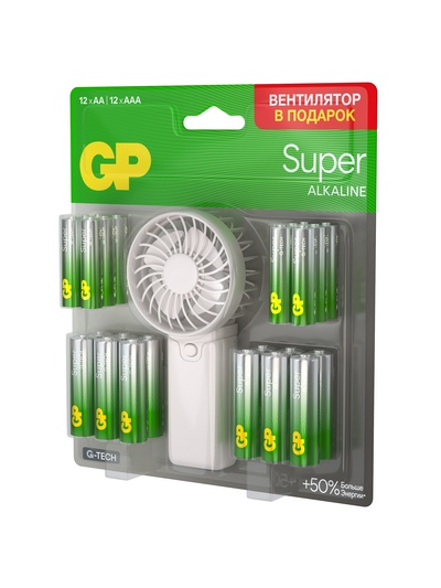 Батарейка алкалиновая GP Super, ААА+АА, LR03+LR6-24BL, 1.5 В, блистер 12+12 шт., вентилятор