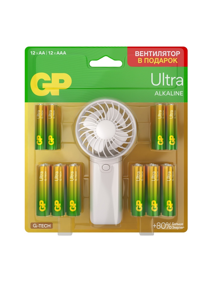 Батарейка алкалиновая GP Ultra, ААА+АА, LR03+LR6-24BL, 1.5В, блистер 12+12 шт., вентилятор - Фото 1