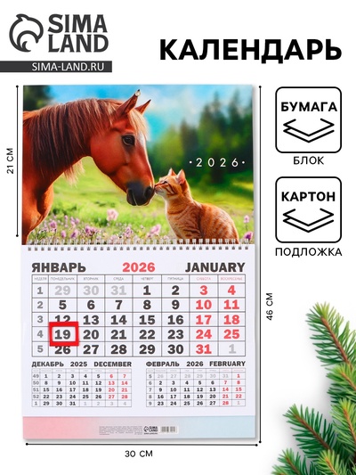 Календарь настенный квартальный 2026 «Лошадь с котенком», 30×46 см