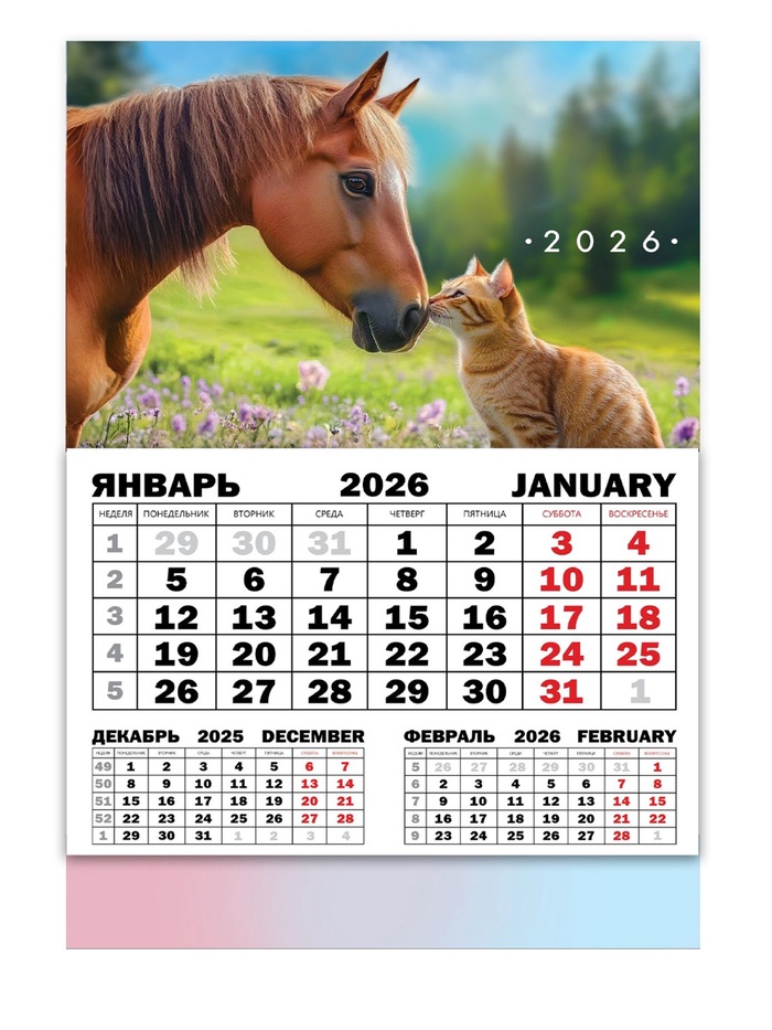 Календарь настенный квартальный 2026 «Лошадь с котенком», 30 х 46 см - Фото 1