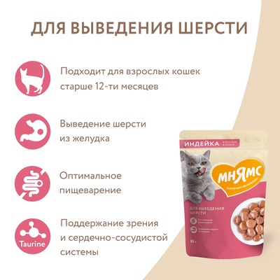 Влажный корм Мнямс На каждый день, для выведения шерсти у кошек, кусочки в соусе с индейкой, 85 г