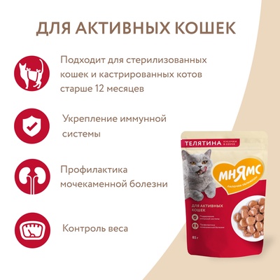 Влажный корм Мнямс На каждый день Кусочки в соусе с телятиной для активных кошек 85 г
