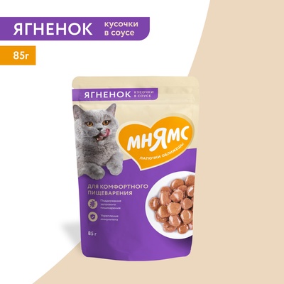 Влажный корм для кошек «Мнямс На каждый день», кусочки в соусе с ягнёнком, для комфортного пищеварения, 85 г
