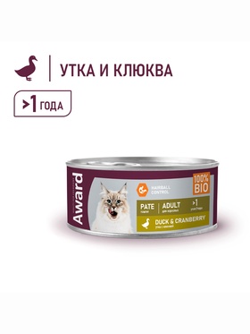 Влажный корм AWARD для взрослых кошек паштет из утки с клюквой 100г