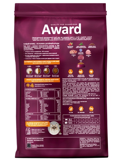 Сухой корм AWARD Hairball & Indoor для вз-ых кошек, выв.шерсти утка/индейка, с чеч-цей 1.5 кг