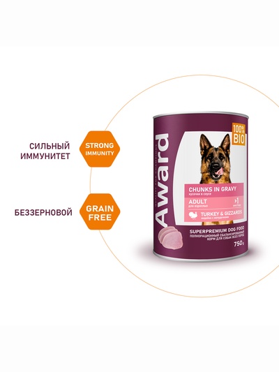 Влажный корм AWARD для взрослых собак кусочки с индейкой и желудочки в соусе 750 г
