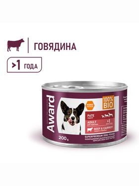Влажный корм AWARD для взрослых собак паштет из говядины с морковью 200г