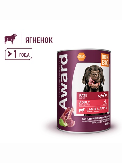 Влажный корм AWARD для взрослых собак паштет из ягненка с яблоком 400 г