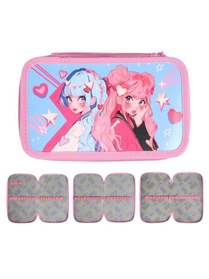 Пенал 3 секции, 125×205×55 мм, Calligrata 30П26/3 «Аниме подружки», ламинированный картон
