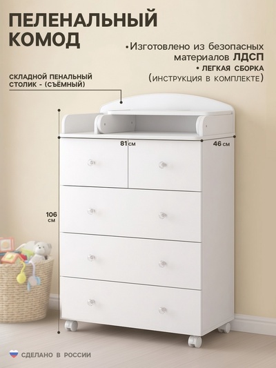 Комод пеленальный Сан Ремо / San Remo, 5 ящиков, 81×46×106 см, белый