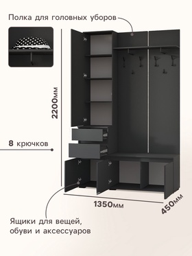 Прихожая «Лора. Готовое решение №1», 2200×450×1350 мм, цвет графит
