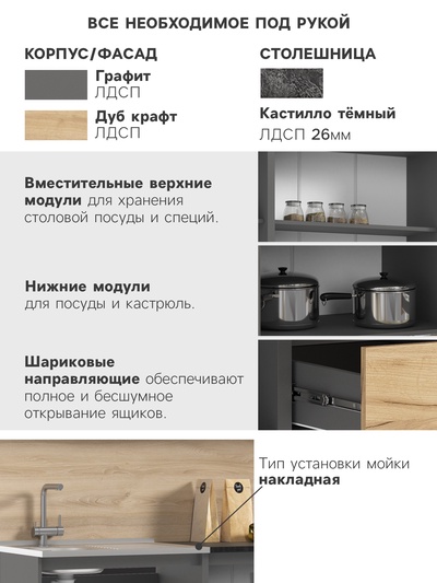 Кухонный гарнитур прямой «Челси», 2000 мм, цвет дуб крафт/графит/кастилло