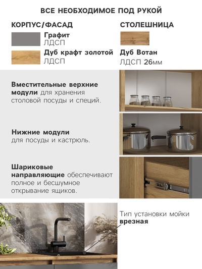 Кухонный гарнитур прямой «Челси №2», 2000 мм, цвет графит/дуб крафт/дуб вотан