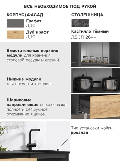 Кухонный гарнитур прямой «Челси №2», 2000 мм, цвет дуб крафт/графит/кастилло