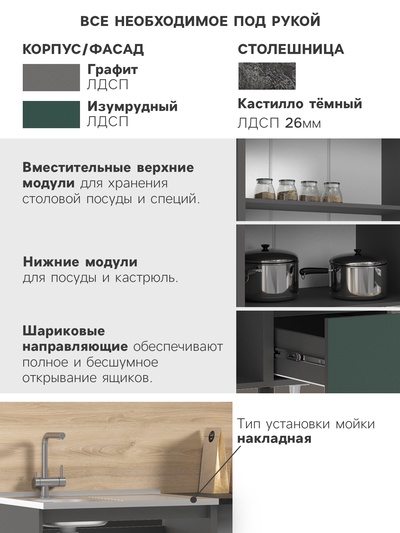 Кухонный гарнитур прямой «Челси», 2000 мм, цвет изумрудный/графит/кастилло