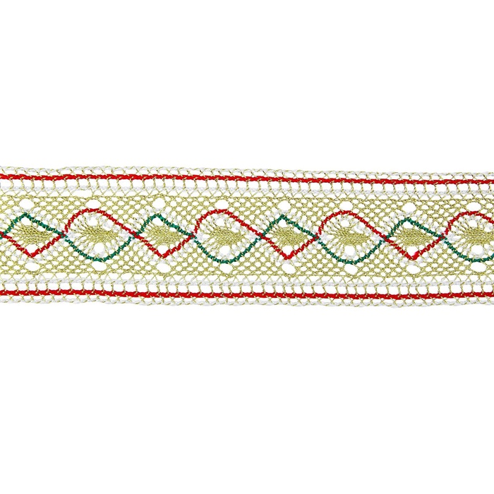 Тесьма плетёная красно бело зелёная на золотом 4.5 см, в упаковке 20 метров