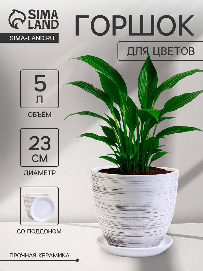 Горшок для цветов «День», 5 л, d=23 см, h=21 см, керамический, с поддоном, белый - Фото 1