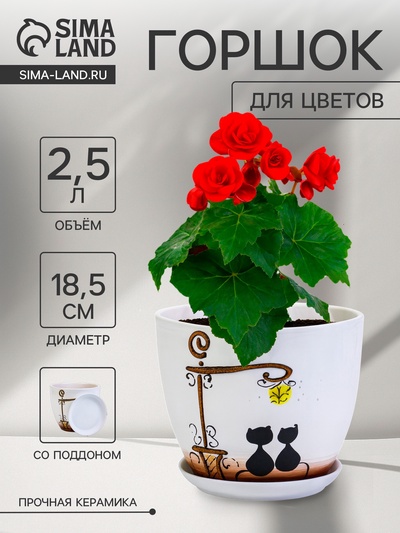 Горшок для цветов «Вечер», 2.5 л, d=18.5 см, h=16 см, керамика, с поддоном, белый