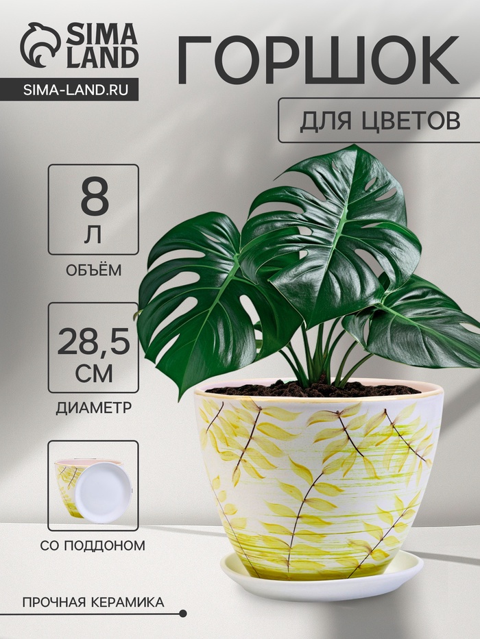 Горшок для цветов «Тропики», 8 л, d=28.5 см, h=22 см, керамика, с поддоном, белый - Фото 1