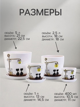 Горшок для цветов «Вечер», керамика, с поддоном, набор 4 шт.: 400 мл, 1 л, 2.5 л, 5 л