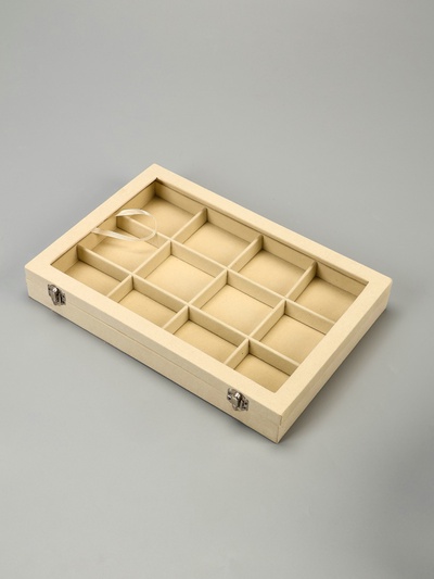 УЦЕНКА Шкатулка для украшений 12 ячеек, 35×24×4.5, стеклянная крышка, бежевый