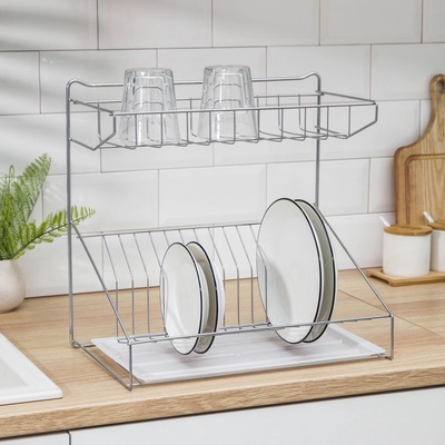 УЦЕНКА Посудосушитель настольный с поддоном, 38.5×38.5×24 см, цвет хром