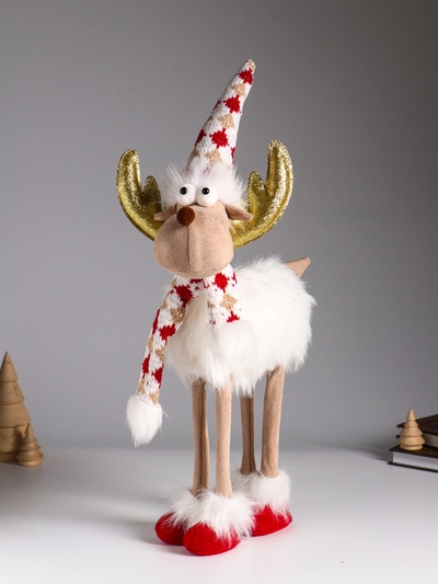 Интерьерная кукла текстильная «Лосик в белой шубе, колпаке и шарфе с узорами», 22×12×48 см