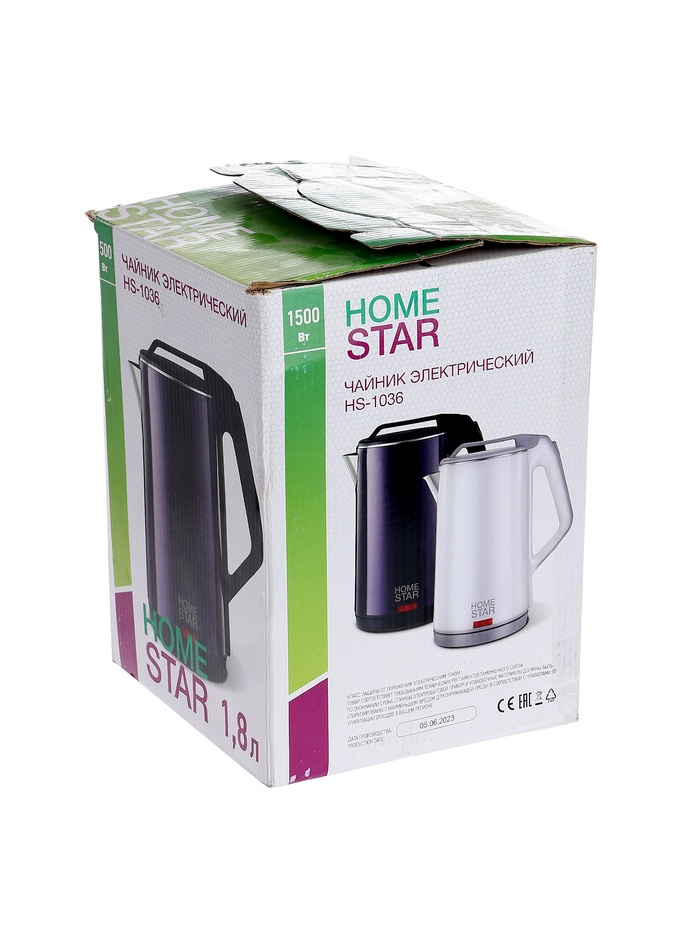 УЦЕНКА Чайник электрический HOMESTAR HS-1036, пластик, колба металл, 1.8 л, 1500 Вт, белый - Фото 1