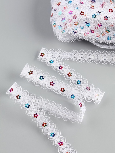 Тесьма гипюровая белая с пайетками 1.5 см, в упаковке 25 метров