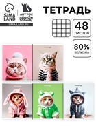 Тетрадь в клетку, 48 л., А5, на скрепке, блок №2 «Котики» МИКС - Фото 1
