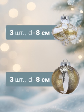 Ёлочные шары новогодние «Мелвин», набор 6 шт., d=8 см, прозрачный/бело-золотой