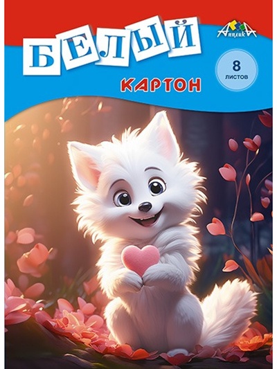 Картон белый А4, 8 листов, немелованный, 200 г, м², в папке, МИКС
