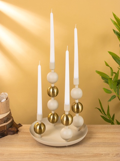 Подсвечник на 4 свечи на тарелке со сферами, 25.5×22.5×32 см, бежевый
