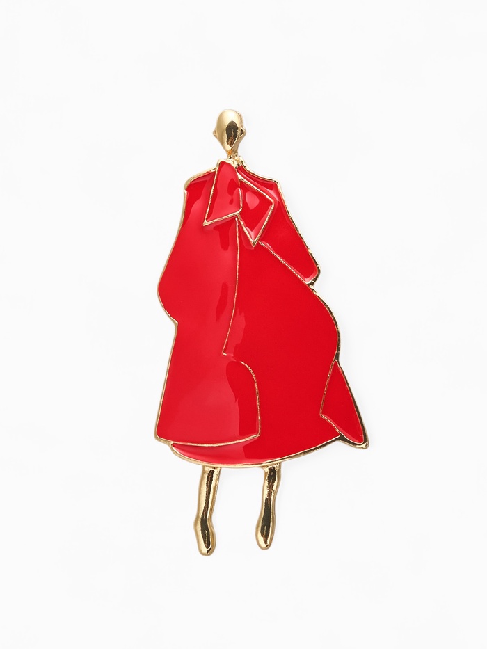 Брошь «Дама в пальто», эмаль, красная в золоте - Фото 1