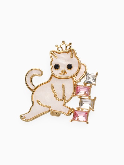 Брошь «Кошечка в короне», бело-розовая в золоте