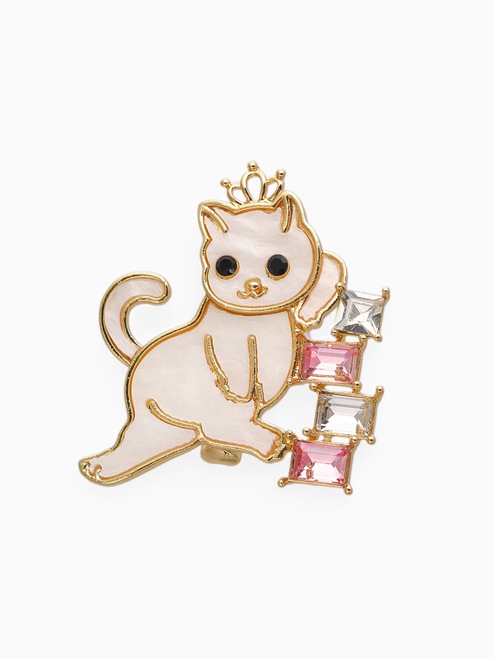 Брошь «Кошечка в короне», бело-розовая в золоте - Фото 1