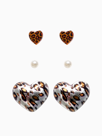 Серьги QF «Леопардовое сердце», набор 3 пары, крупное, цветной в серебре