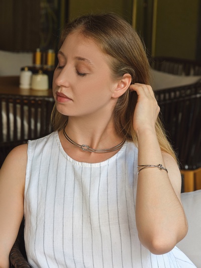 Набор 2 предмета: чокер, браслет «Обруч» узел, цвет серебро