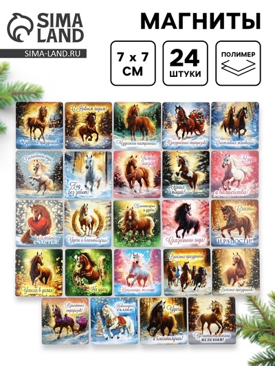 Магниты новогодние «Лошадь», 7×7 см, набор 24 шт., полимер