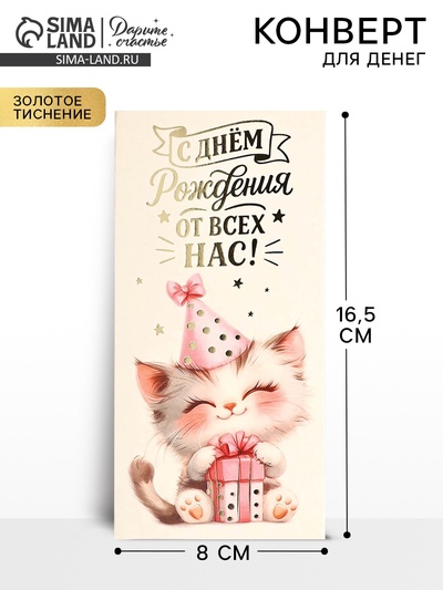 Конверт для денег «С днём рождения», котик, тиснение, 16.5×8 см