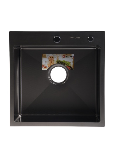 Мойка кухонная AFLORN AF95050DF, врезная, S=3.0 и 0.8 мм, 50×50 см, сифон, черная