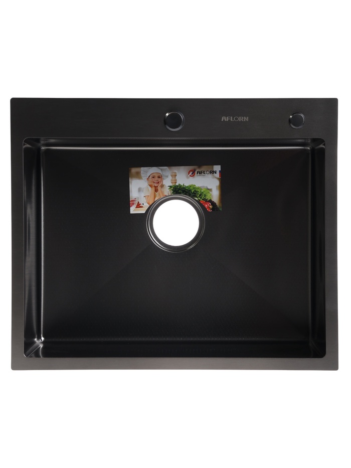 Мойка кухонная AFLORN AF96050DF, врезная, S=3.0 и 0.8 мм, 60×50 см, сифон, черная - Фото 1