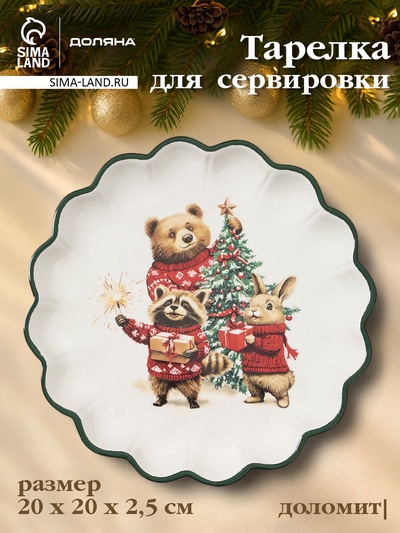 Тарелка сервировочная новогодняя Доляна «Сказки зимнего леса», 20×20×2.5 см, доломит, белая