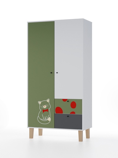 Шкаф распашной двухстворчатый Story «Коты и овалы», 2 ящика, 1006×471×1973 мм, цвет белый/олива/тёмно – серый