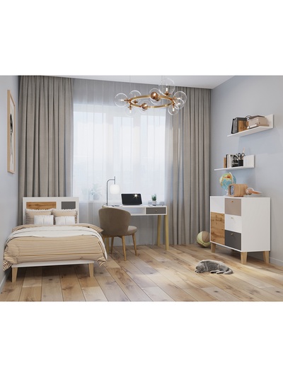 Кровать односпальная Story «Коты и овалы», на ножках, 935×2035×927 мм, цвет белый/дуб вотан/тёмно – серый