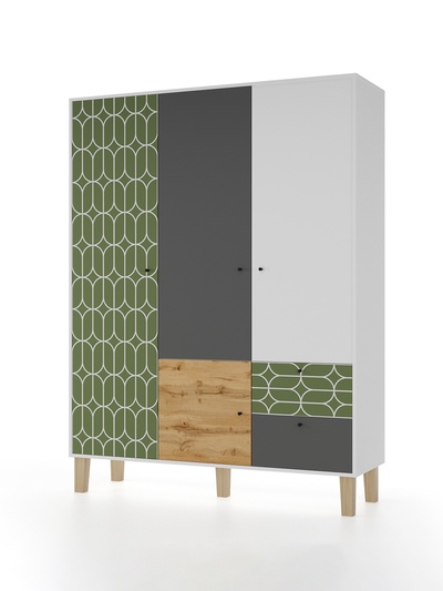 Шкаф распашной трёхстворчатый Story «Коты и овалы», 2 ящика, 1492×471×1973 мм, цвет белый/дуб вотан/олива/тёмно – серый