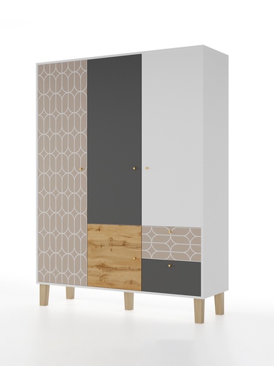 Шкаф распашной трёхстворчатый Story «Коты и овалы», 2 ящика, 1492×471×1973 мм, цвет белый/дуб вотан/бежевый/тёмно – серый